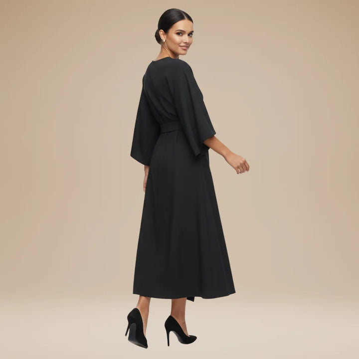 Women's Elegant Wrap Midi Wedding Guest Dress with Round Neckline