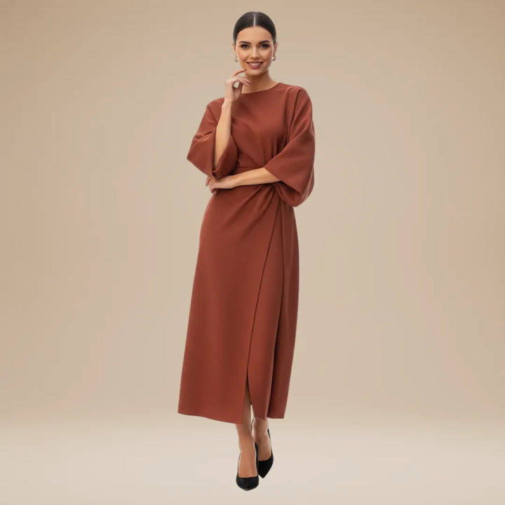 Women's Elegant Wrap Midi Wedding Guest Dress with Round Neckline