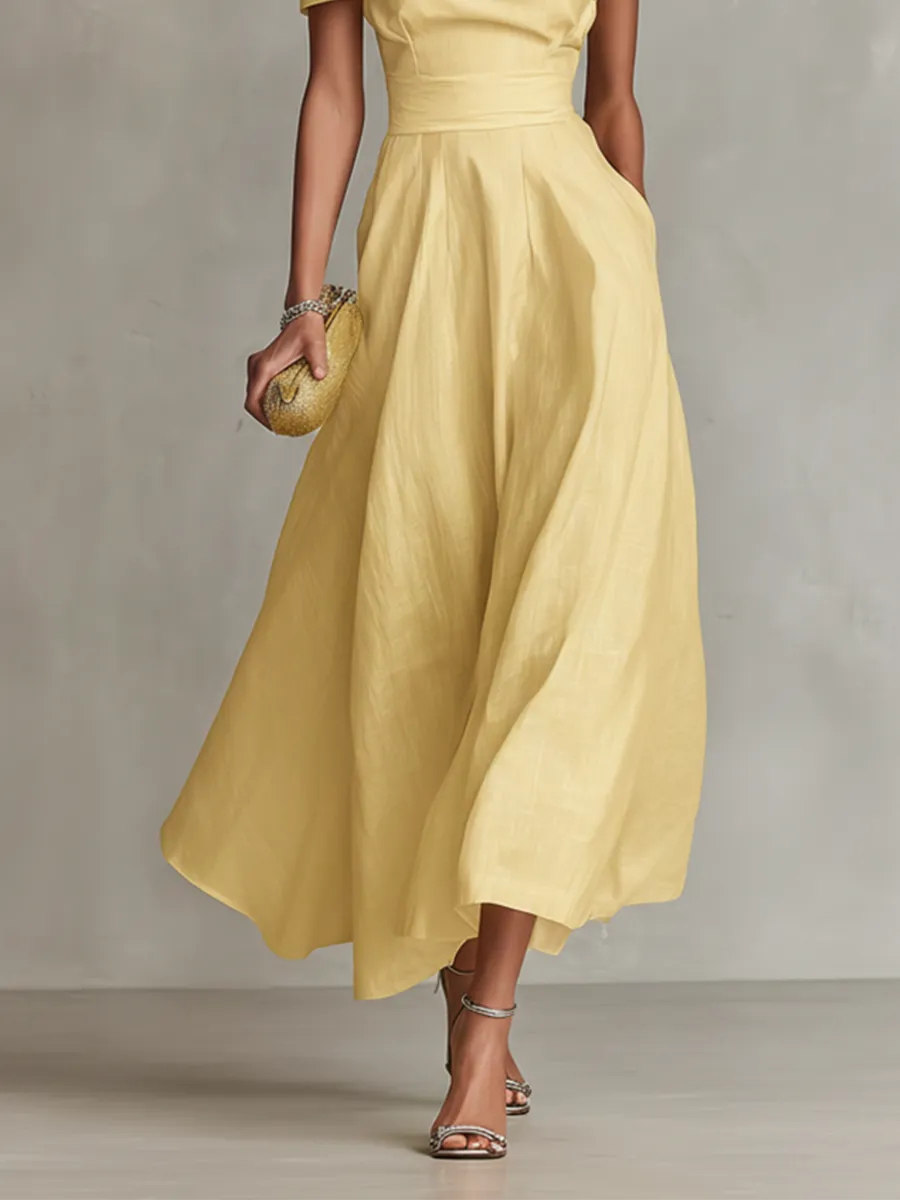 Women's Elegant Yellow Wedding Guest Dress with One Shoulder