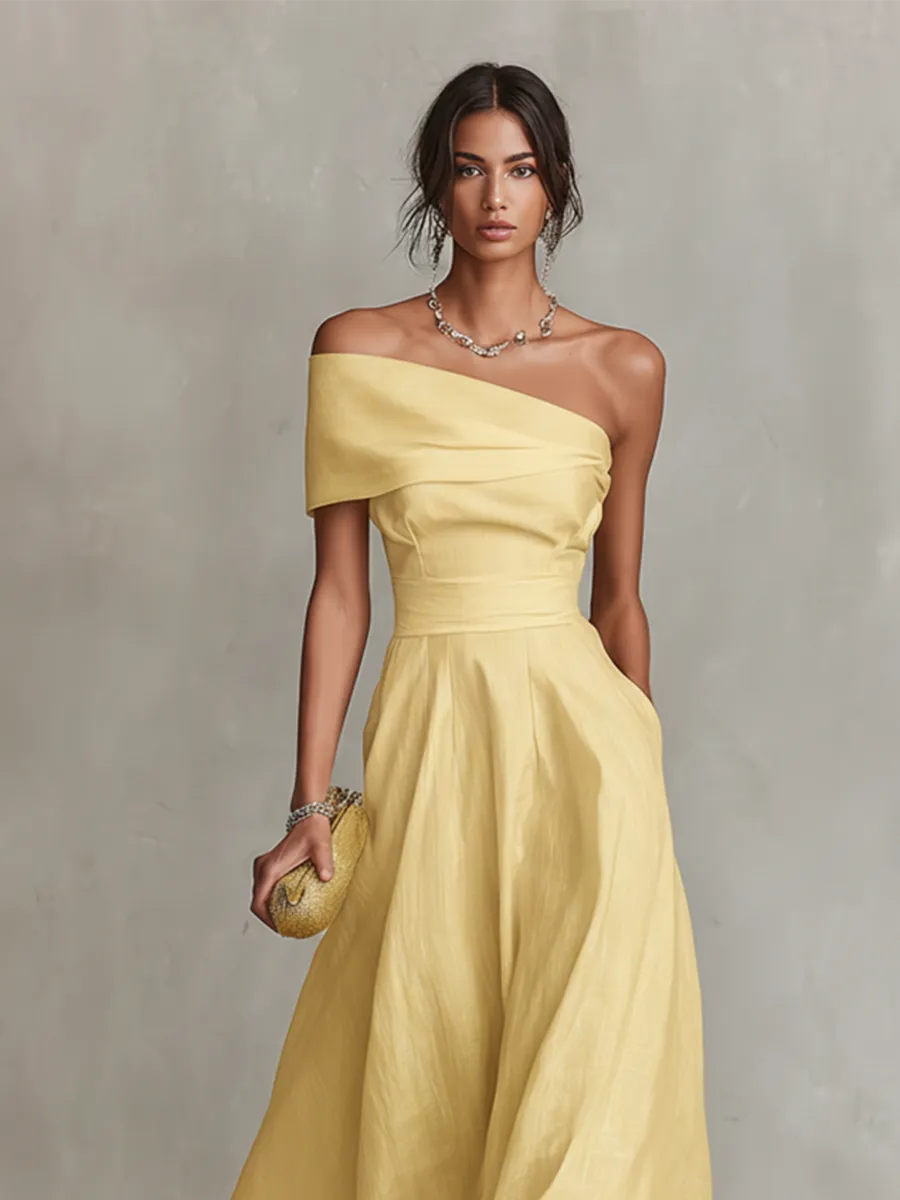 Women's Elegant Yellow Wedding Guest Dress with One Shoulder