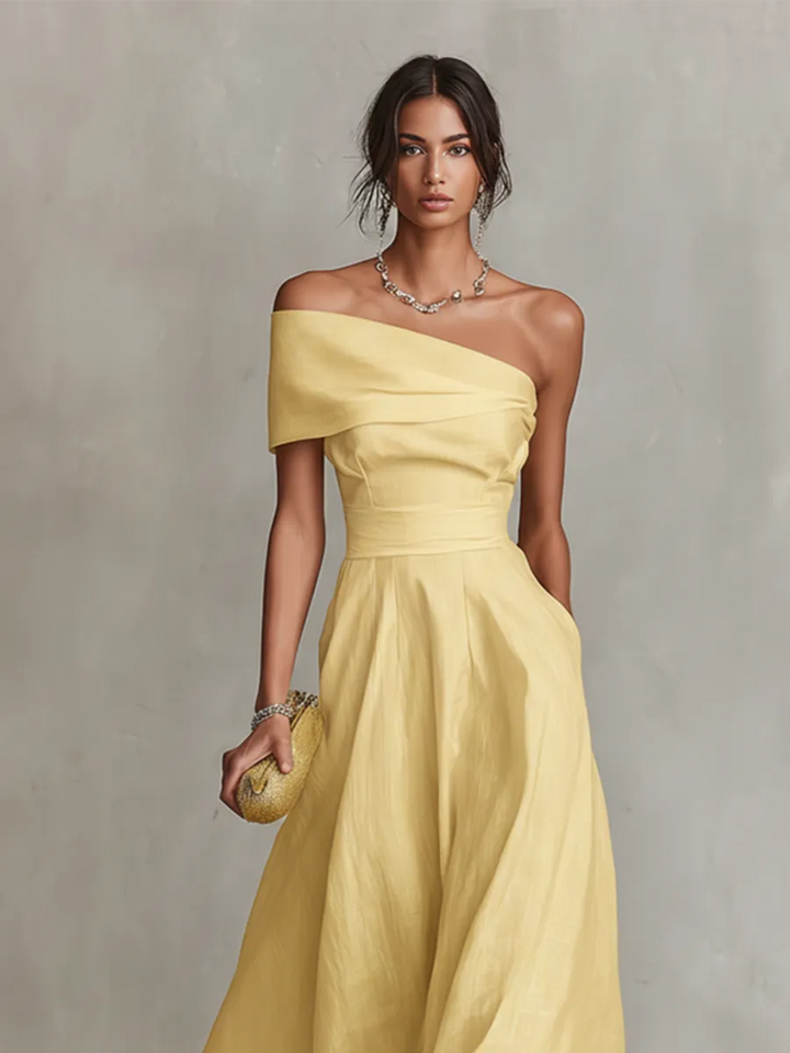 Women's Elegant Yellow Wedding Guest Dress with One Shoulder