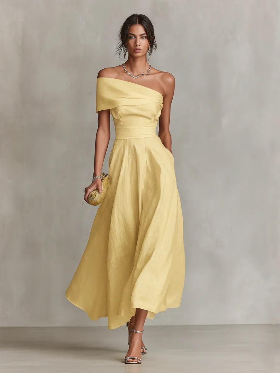 Women's Elegant Yellow Wedding Guest Dress with One Shoulder