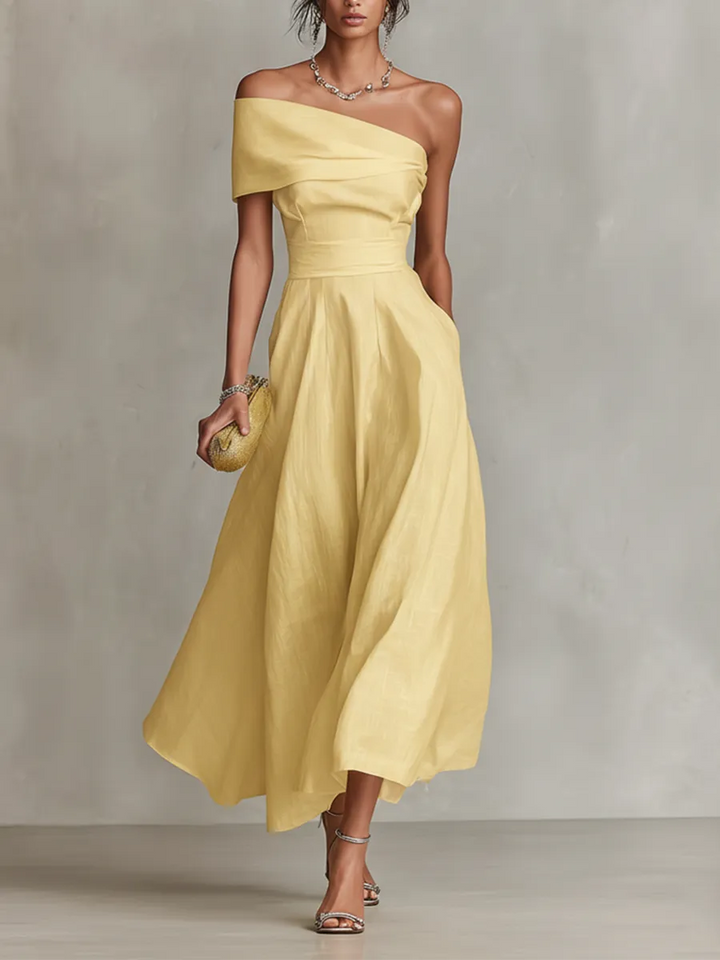 Women's Elegant Yellow Wedding Guest Dress with One Shoulder