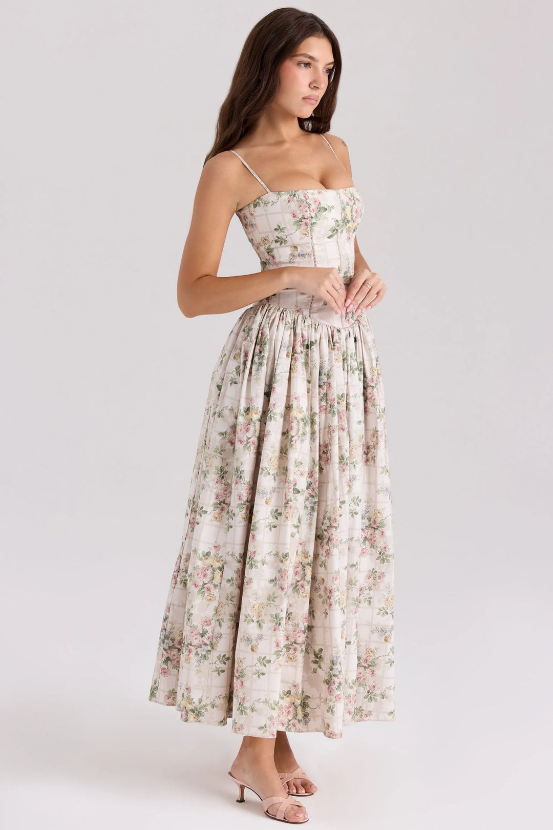 Women's Floral A-Line Midi Wedding Guest Dress with Square Neck