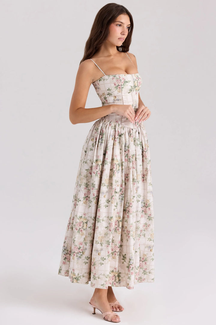 Women's Floral A-Line Midi Wedding Guest Dress with Square Neck