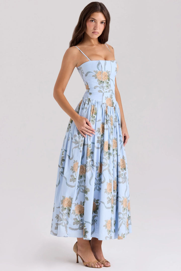 Women's Floral A-Line Midi Wedding Guest Dress with Square Neck