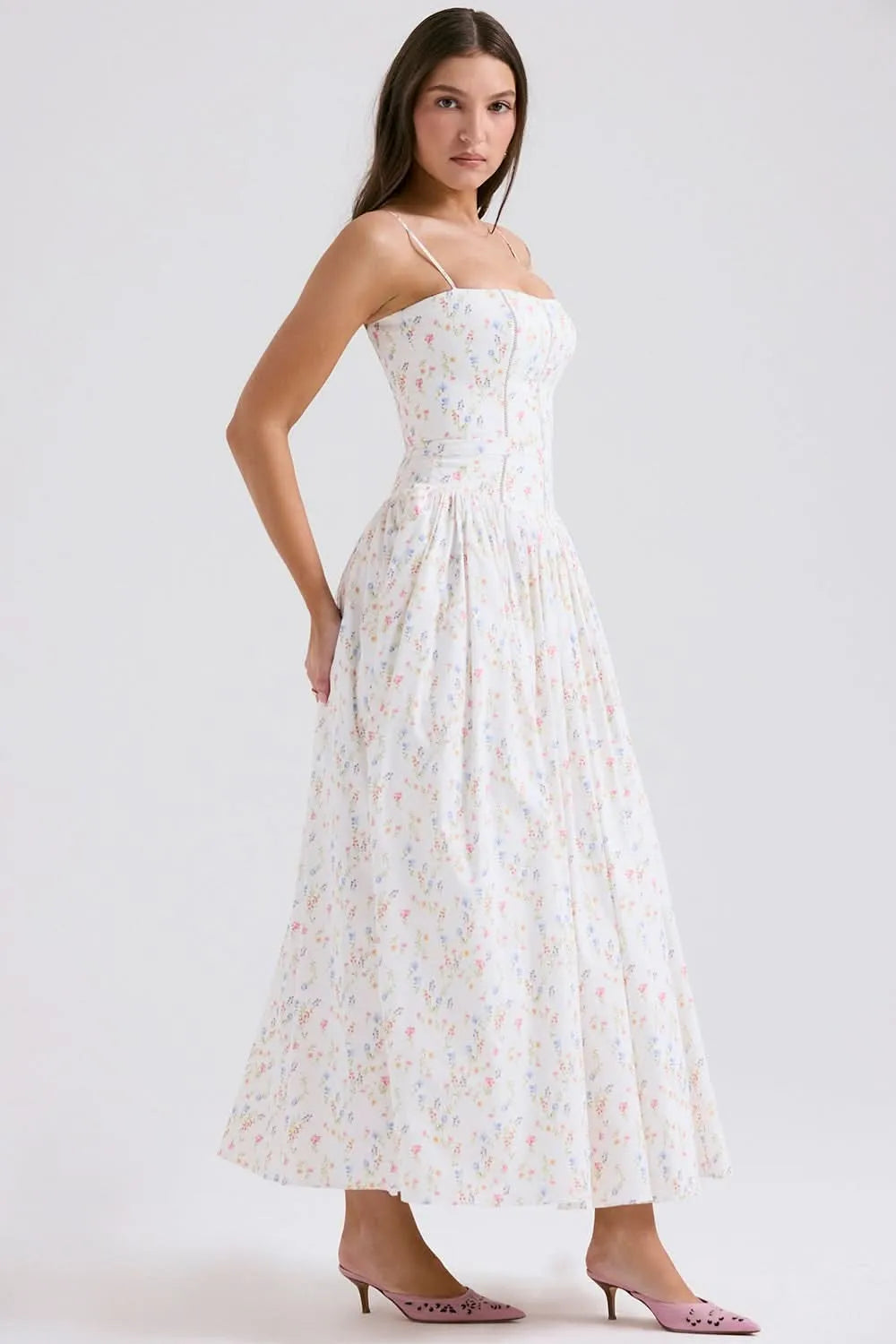 Women's Floral A-Line Midi Wedding Guest Dress with Square Neck