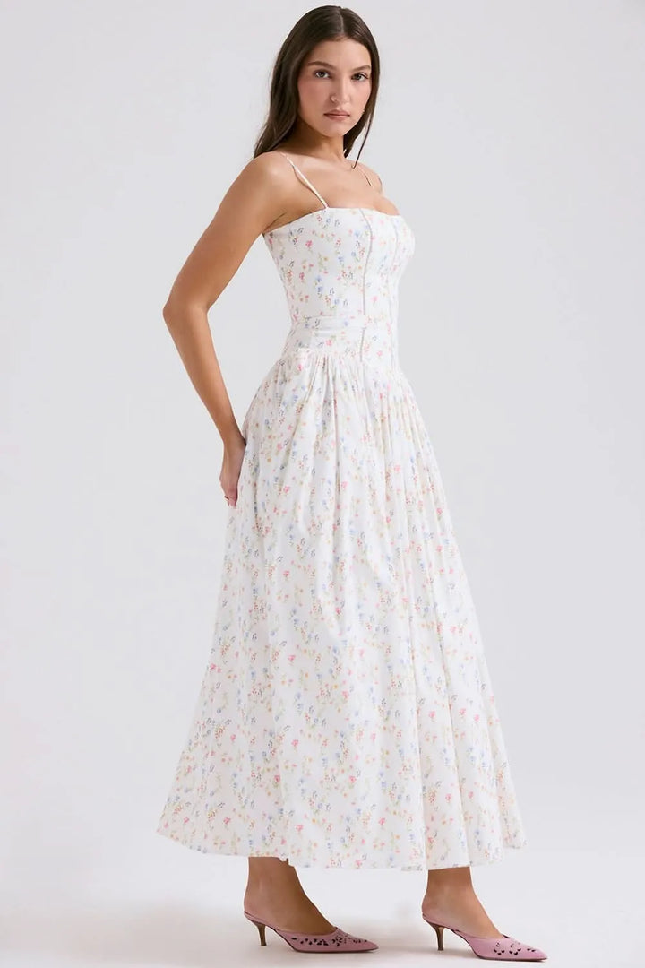 Women's Floral A-Line Midi Wedding Guest Dress with Square Neck