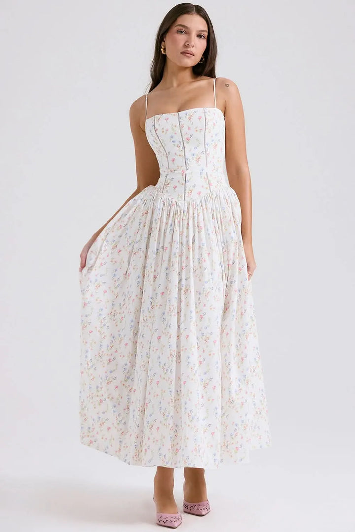 Women's Floral A-Line Midi Wedding Guest Dress with Square Neck