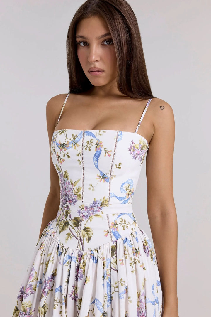Women's Floral A-Line Midi Wedding Guest Dress with Square Neck