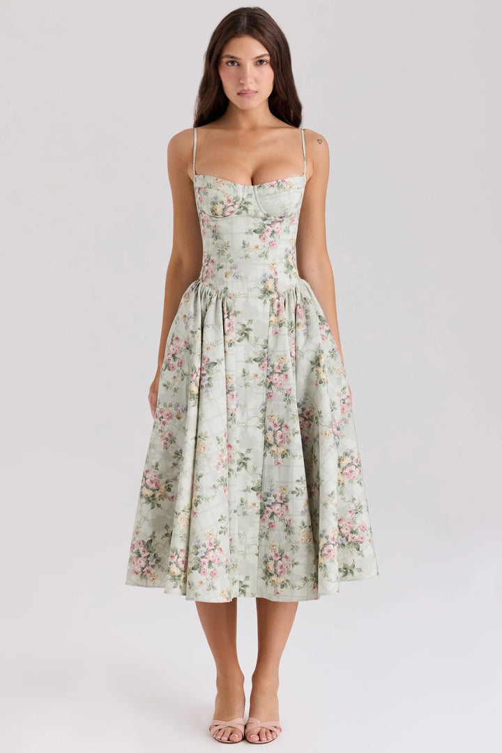 Women's Floral A-Line Midi Wedding Guest Dress with Square Neck