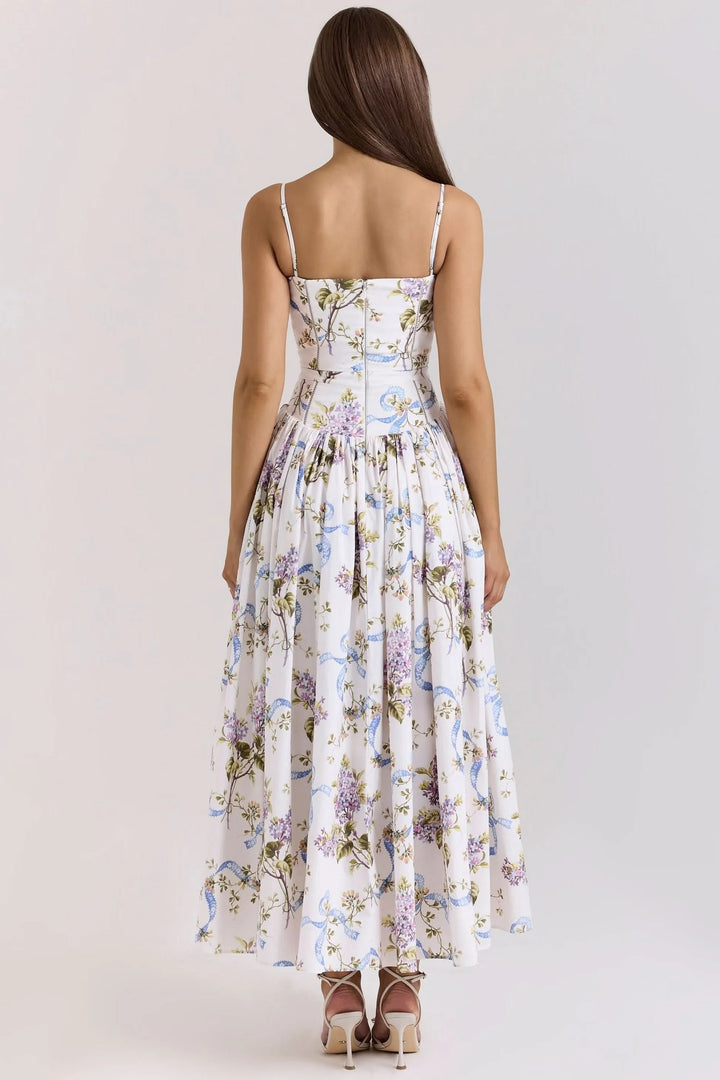 Women's Floral A-Line Midi Wedding Guest Dress with Square Neck