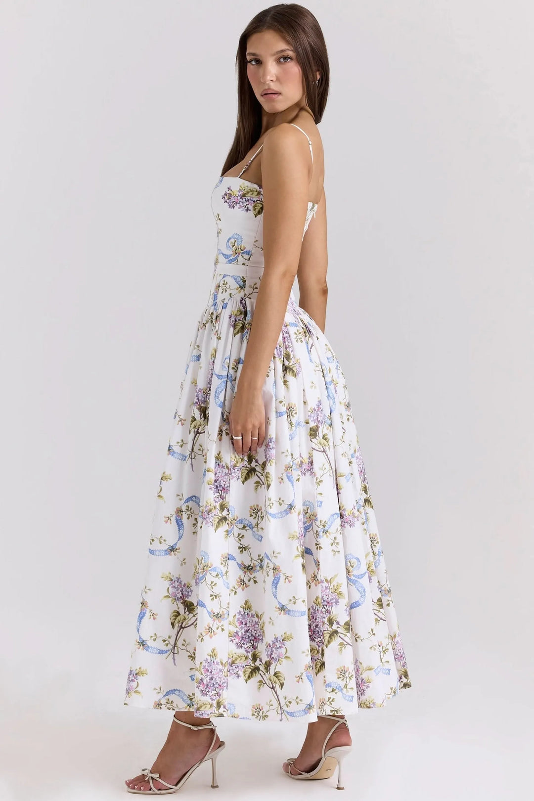 Women's Floral A-Line Midi Wedding Guest Dress with Square Neck