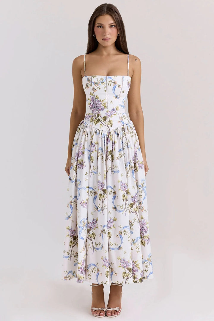 Women's Floral A-Line Midi Wedding Guest Dress with Square Neck