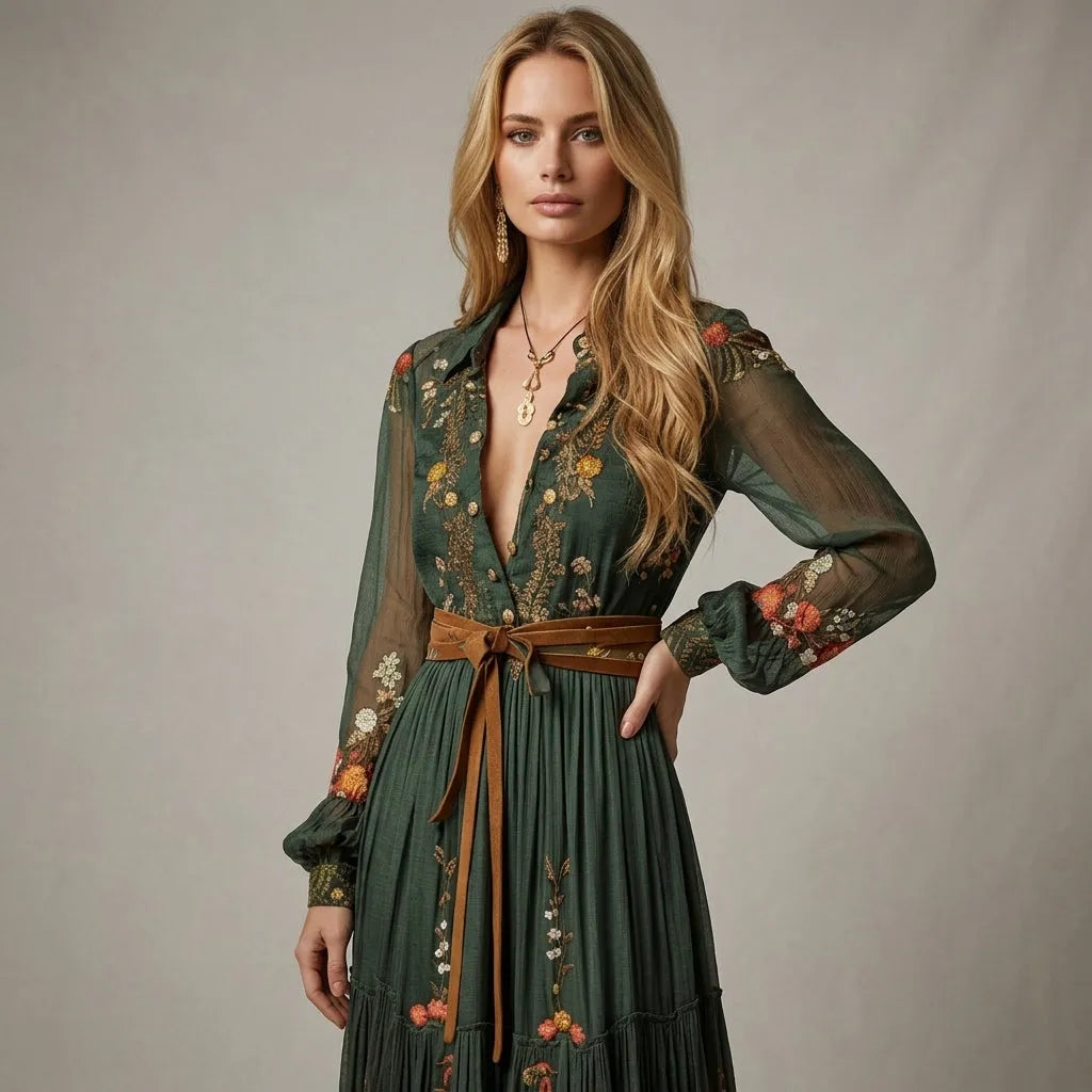 Women's Floral Boho Maxi Summer Dress with Long Sleeves