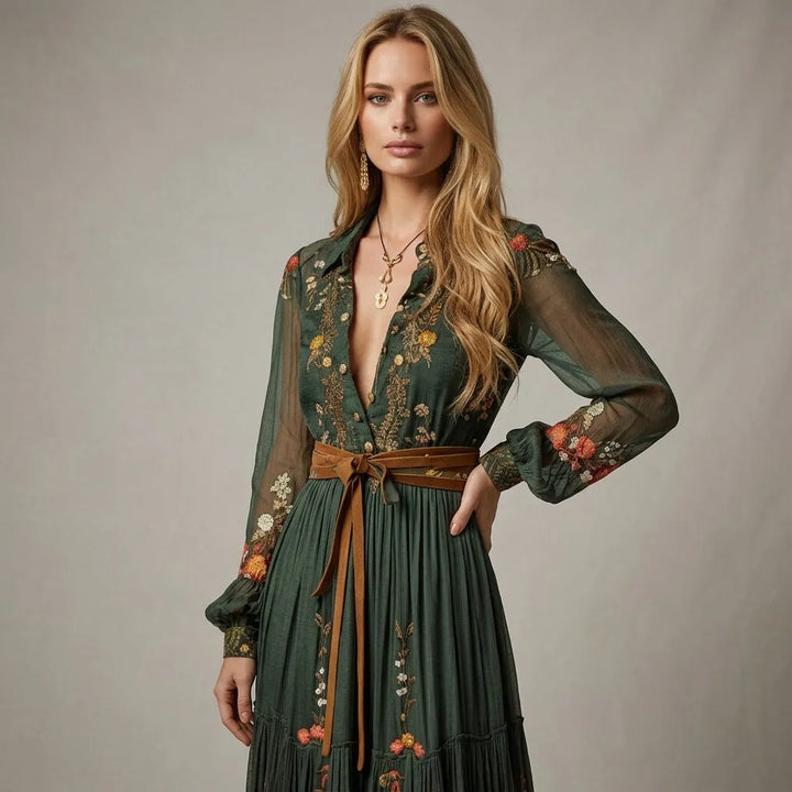 Women's Floral Boho Maxi Summer Dress with Long Sleeves