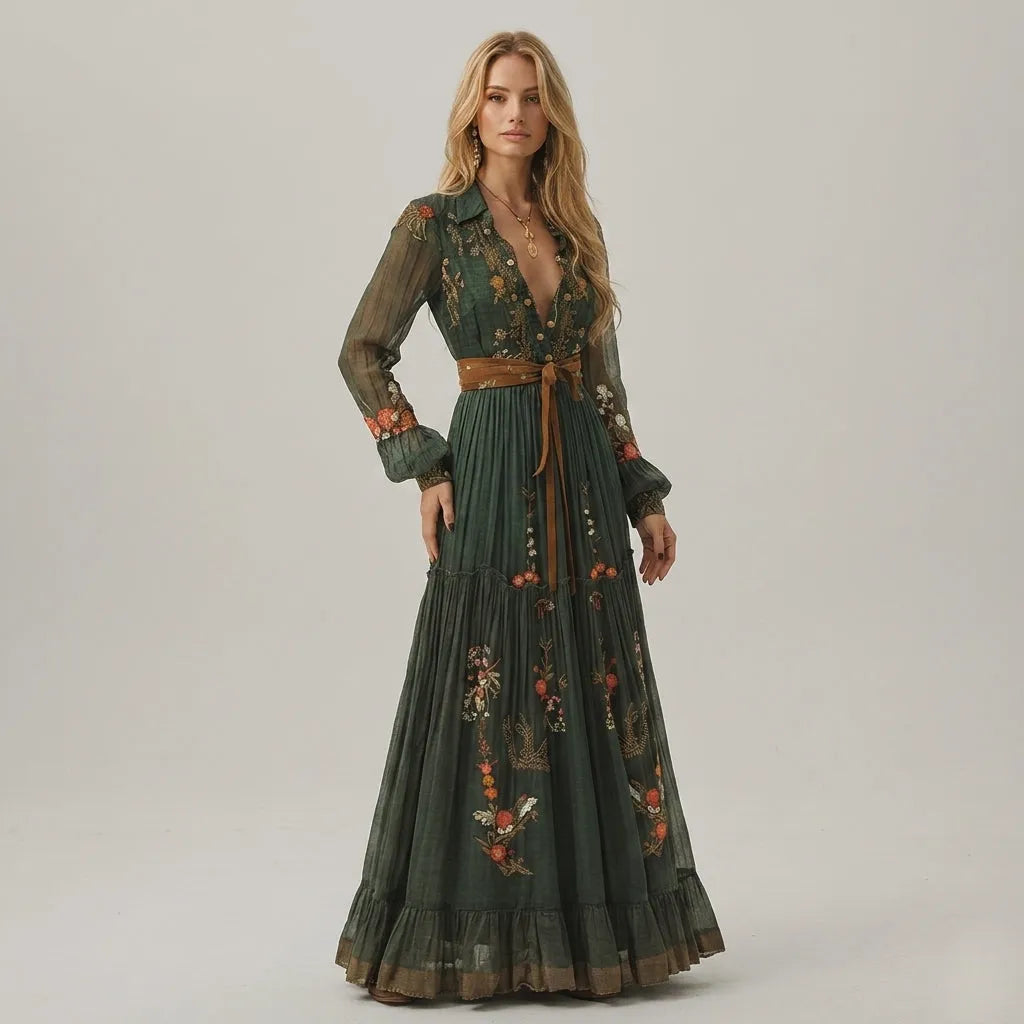 Women's Floral Boho Maxi Summer Dress with Long Sleeves