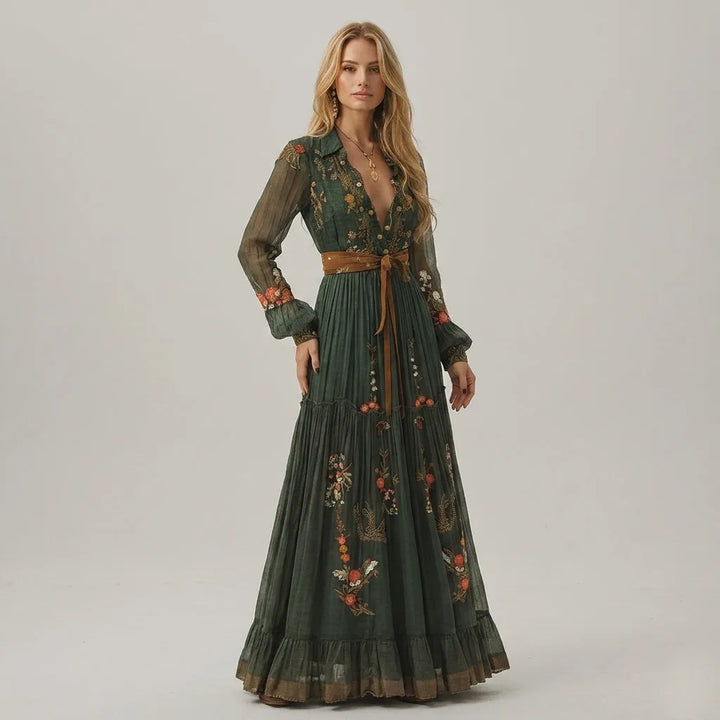 Women's Floral Boho Maxi Summer Dress with Long Sleeves
