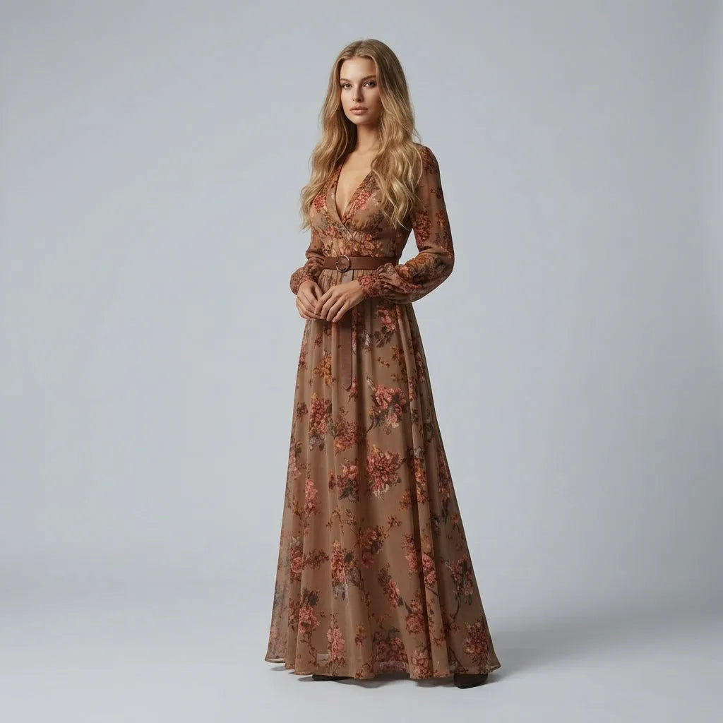 Women's Floral Boho Maxi Summer Dress with Long Sleeves