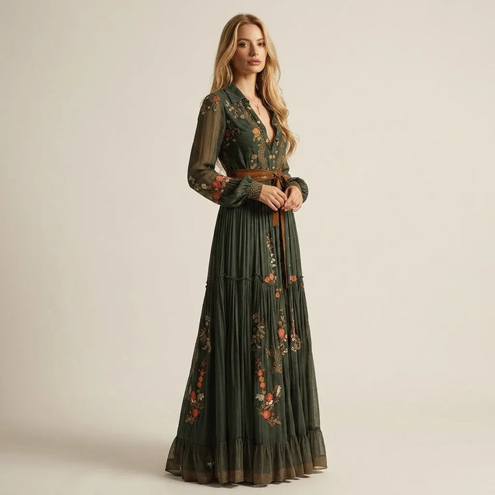 Women's Floral Boho Maxi Summer Dress with Long Sleeves