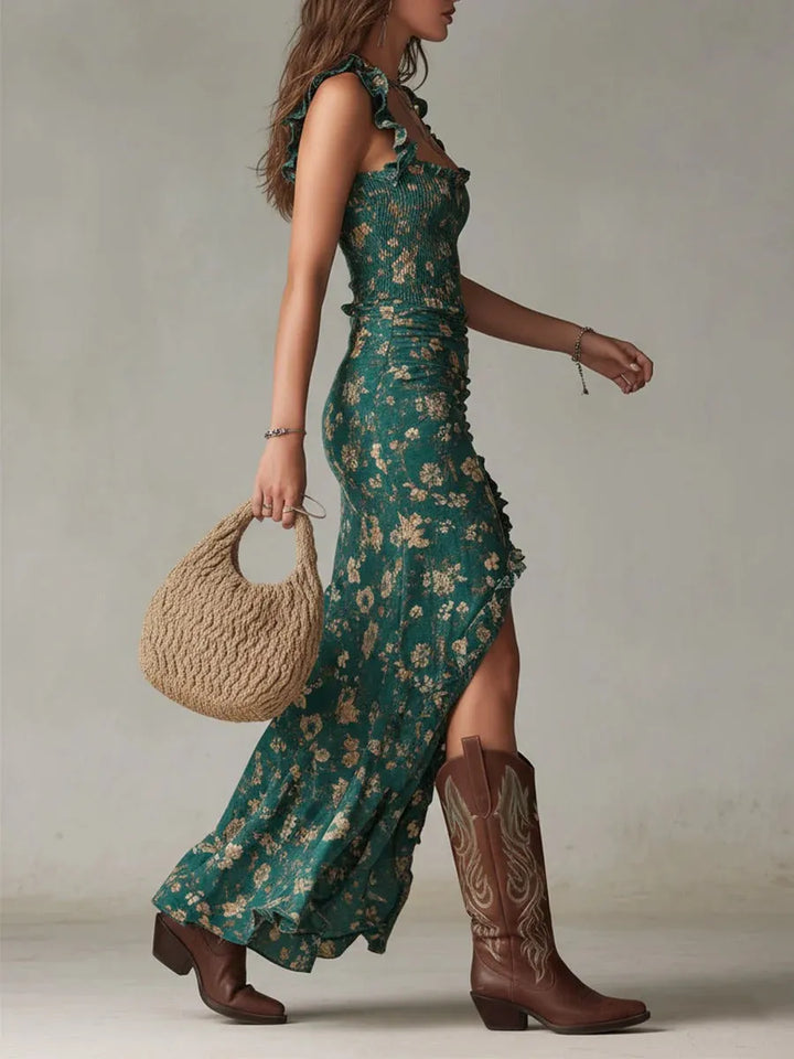 Women's Floral Boho Maxi Wedding Guest Dress with Slit