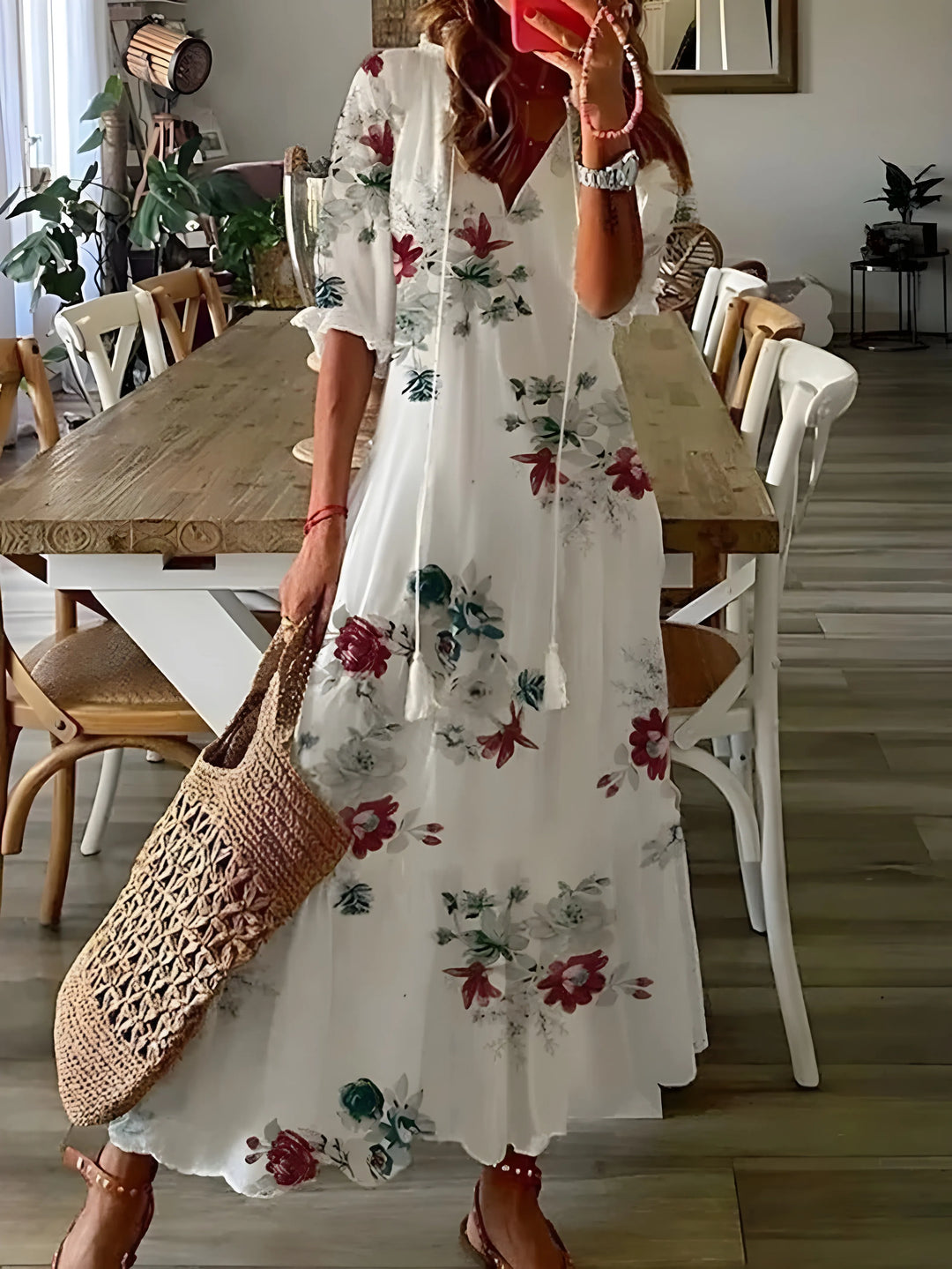 Women's Floral Boho Maxi Wedding Guest Dress with V-Neck