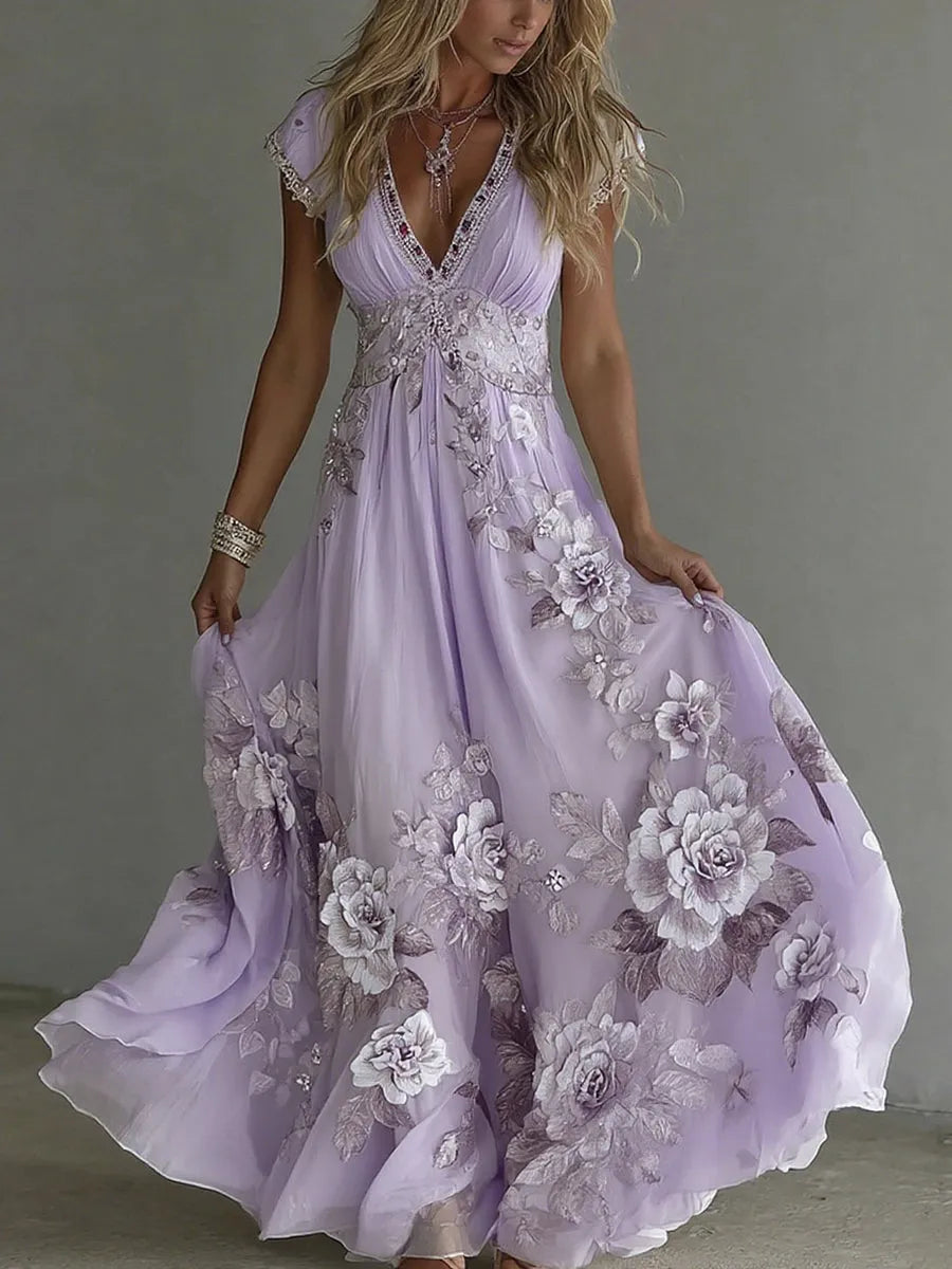 Women's Elegant Floral Applique Maxi Wedding Guest Dress with V-Neck
