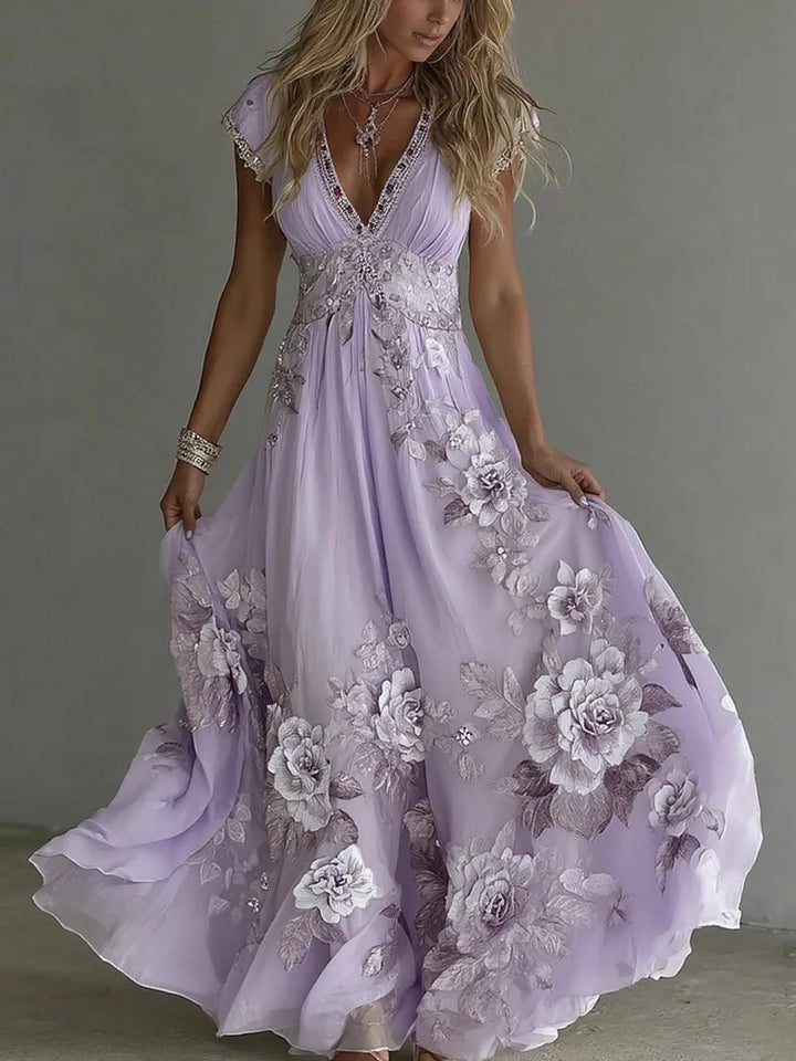 Women's Elegant Floral Applique Maxi Wedding Guest Dress with V-Neck