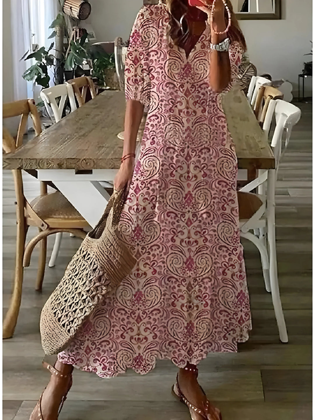 Women's Floral Boho Maxi Wedding Guest Dress with V-Neck