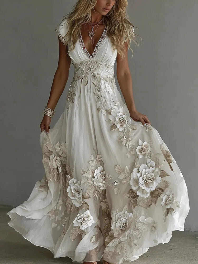 Women's Elegant Floral Applique Maxi Wedding Guest Dress with V-Neck