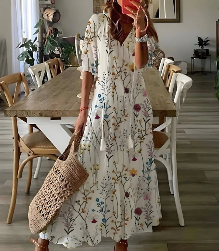Women's Floral Boho Maxi Wedding Guest Dress with V-Neck