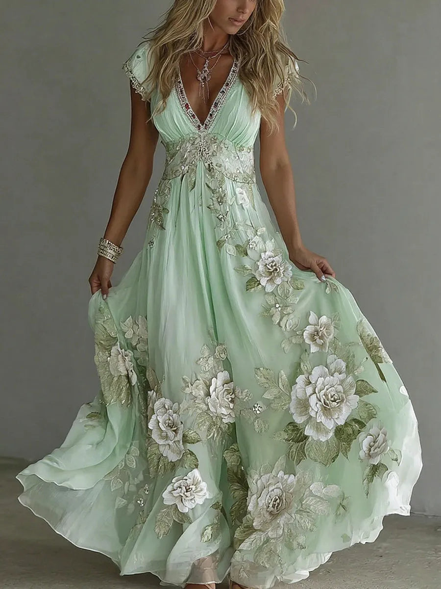 Women's Elegant Floral Applique Maxi Wedding Guest Dress with V-Neck