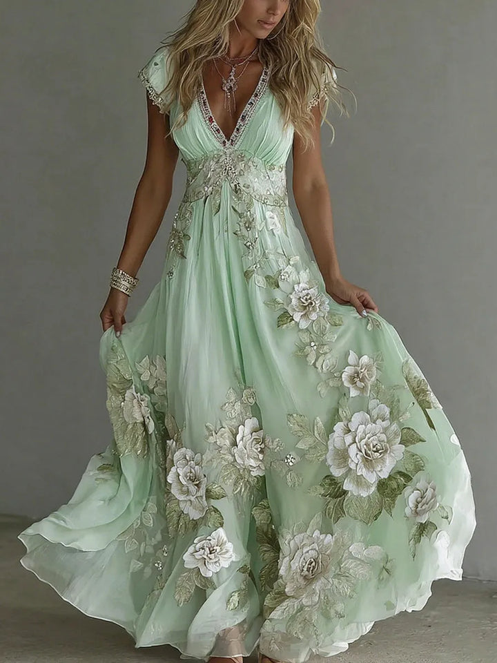 Women's Elegant Floral Applique Maxi Wedding Guest Dress with V-Neck