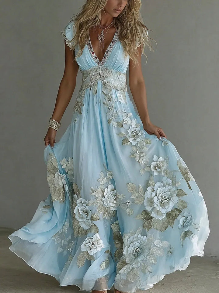 Women's Elegant Floral Applique Maxi Wedding Guest Dress with V-Neck