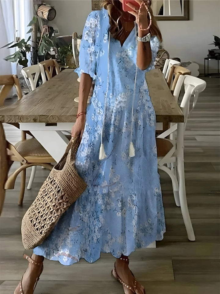 Women's Floral Boho Maxi Wedding Guest Dress with V-Neck