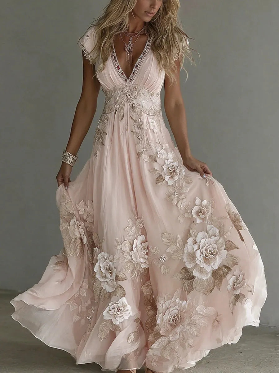 Women's Elegant Floral Applique Maxi Wedding Guest Dress with V-Neck