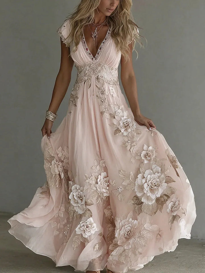 Women's Elegant Floral Applique Maxi Wedding Guest Dress with V-Neck