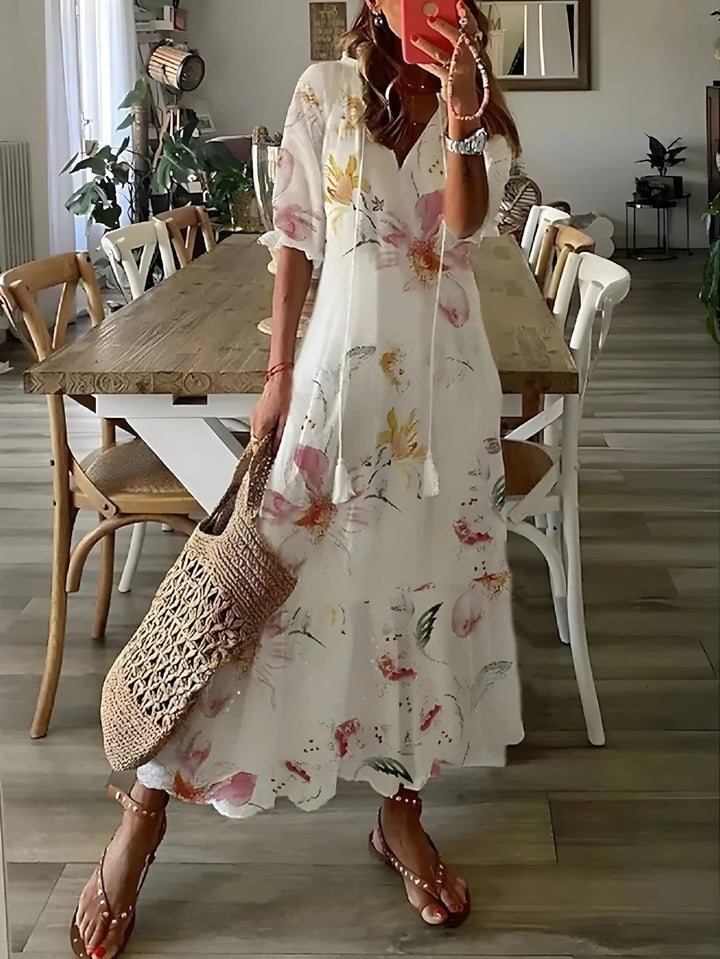 Women's Floral Boho Maxi Wedding Guest Dress with V-Neck