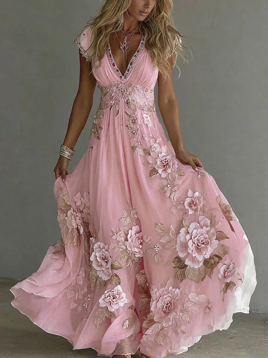 Women's Elegant Floral Applique Maxi Wedding Guest Dress with V-Neck