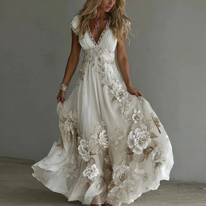 Women's Elegant Floral Applique Maxi Wedding Guest Dress with V-Neck