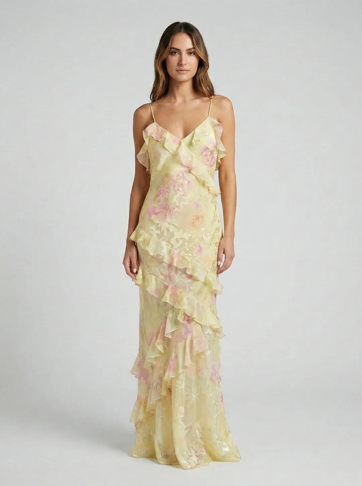 Women's Floral Elegant Maxi Wedding Guest Dress with Open Back