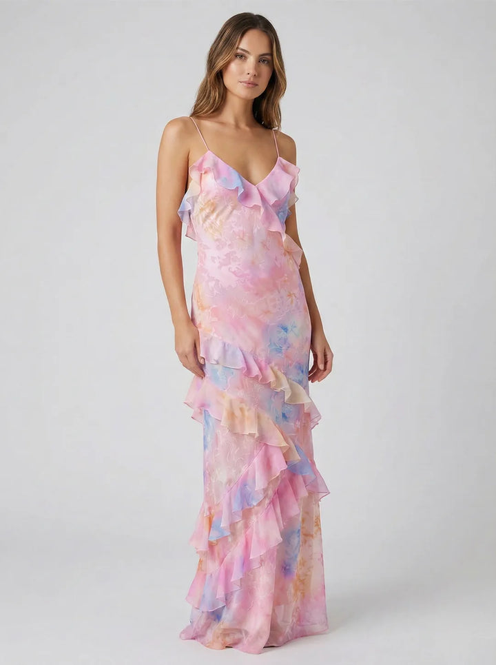 Women's Floral Elegant Maxi Wedding Guest Dress with Open Back