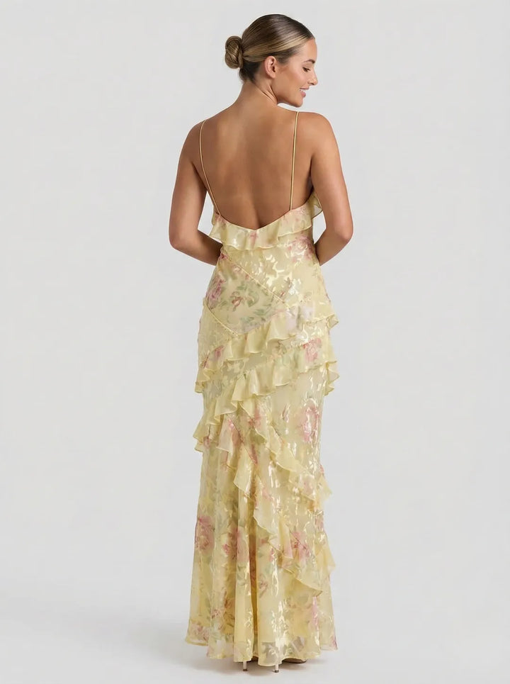 Women's Floral Elegant Maxi Wedding Guest Dress with Open Back
