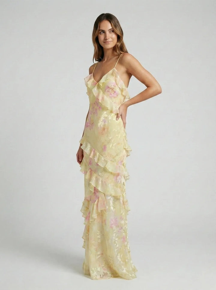 Women's Floral Elegant Maxi Wedding Guest Dress with Open Back