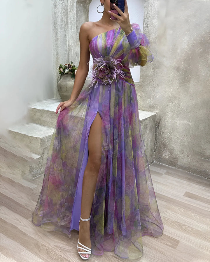 Women's Floral Elegant Maxi Wedding Guest Dress with Slit