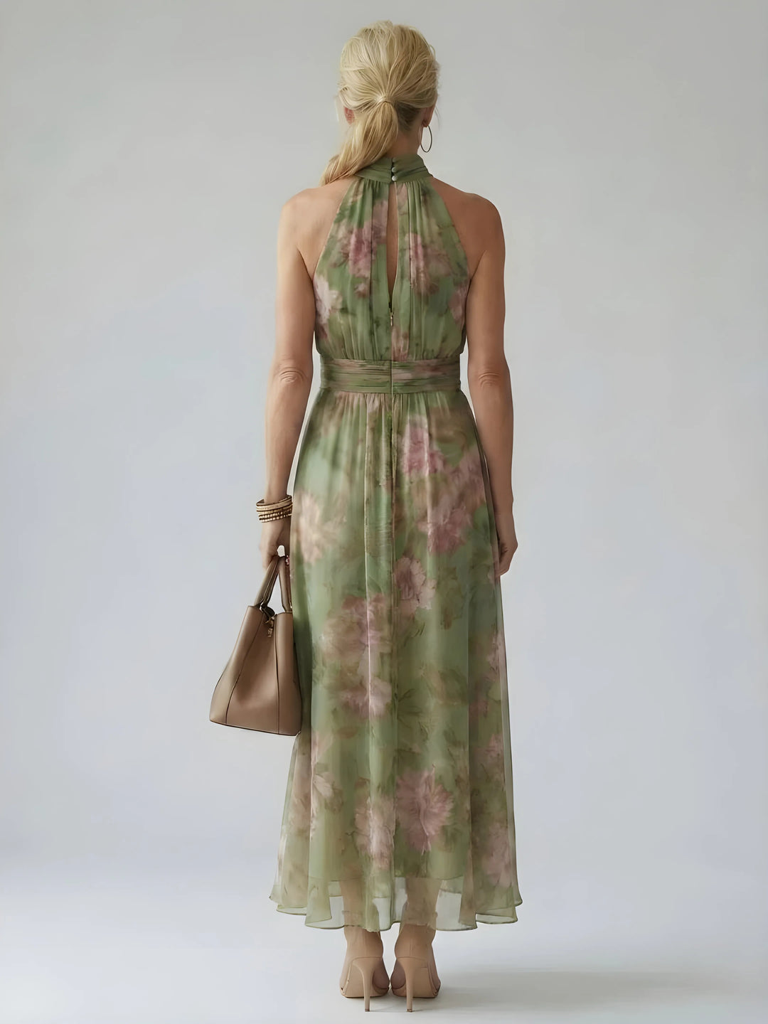 Women's Floral Flowy Maxi Wedding Guest Dress with Halter Neck