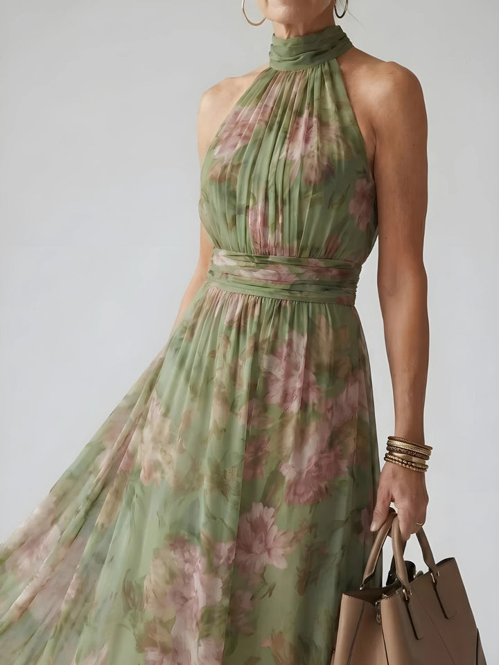 Women's Floral Flowy Maxi Wedding Guest Dress with Halter Neck