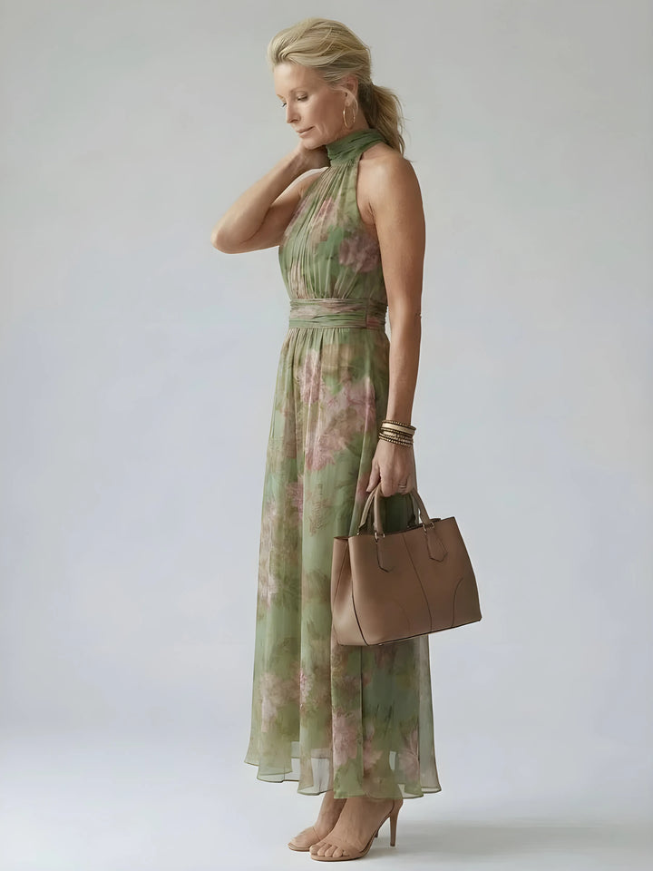 Women's Floral Flowy Maxi Wedding Guest Dress with Halter Neck
