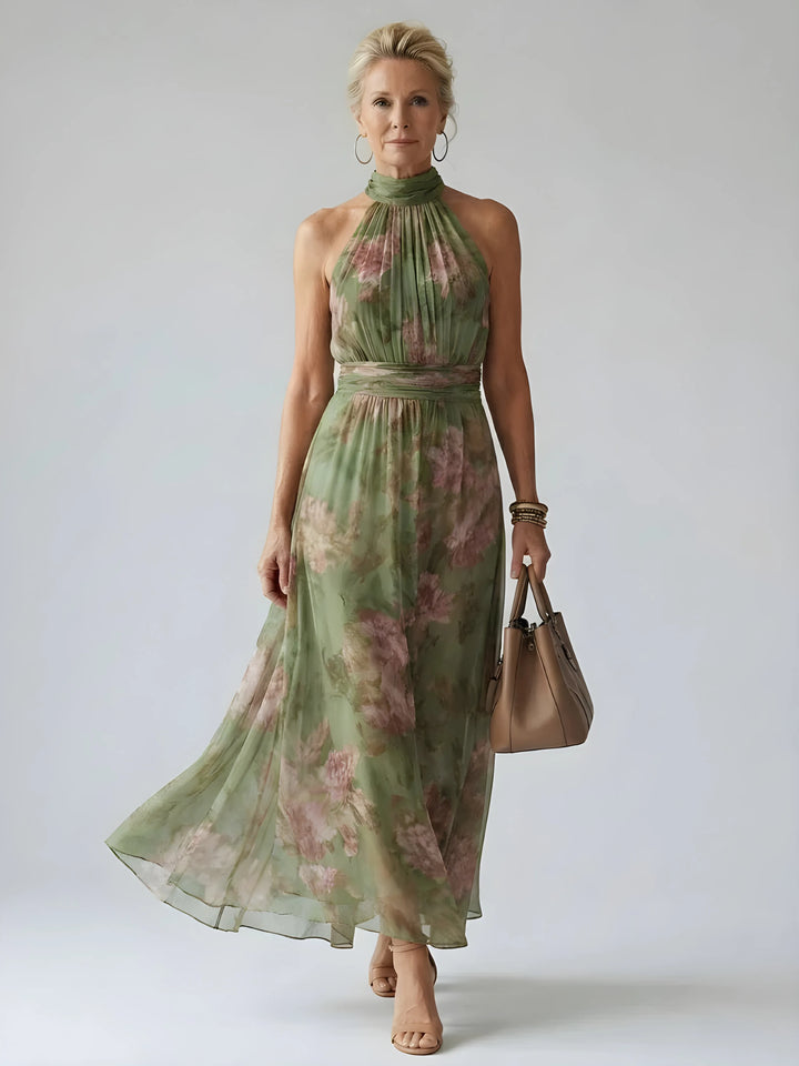 Women's Floral Flowy Maxi Wedding Guest Dress with Halter Neck