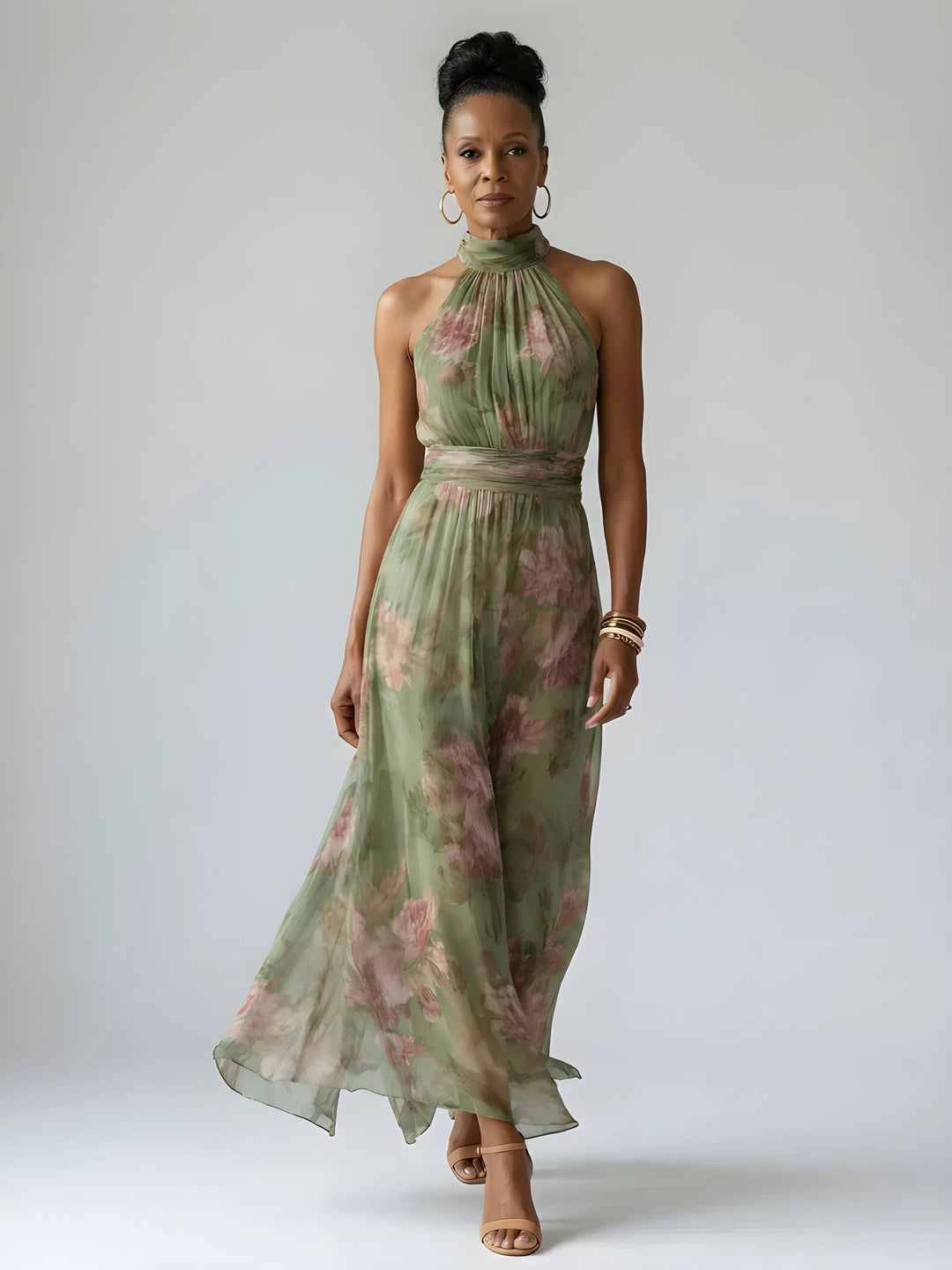 Women's Floral Flowy Maxi Wedding Guest Dress with Halter Neck